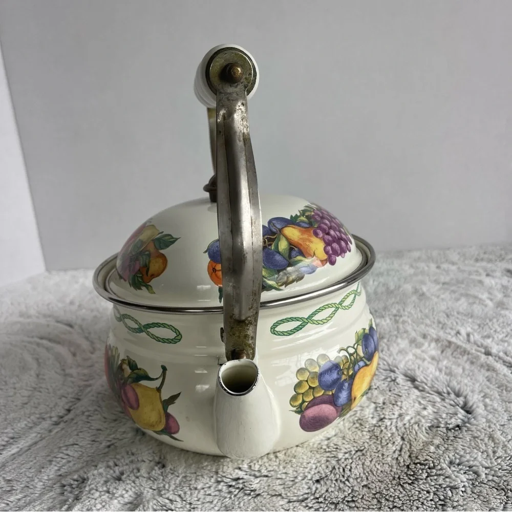Vintage Teapot Cornucopia Enamel Brass Rimmed
